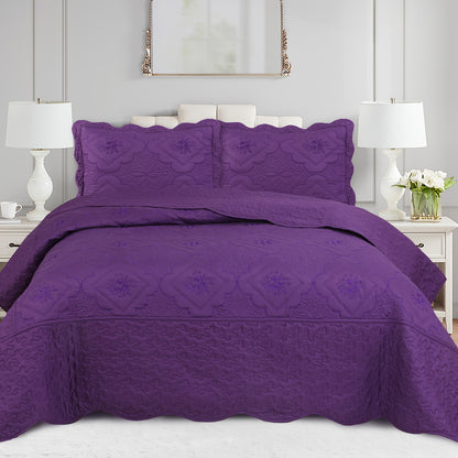 Quilt Set 3 Piece Floral Embroidery Bedspread - 100% Polyester Wrinkle Resistant Lightweight Quilted Coverlet with 2 Pillow Shams for Full Queen King Bed, Elegant Bedroom Decor in 19 Colors
