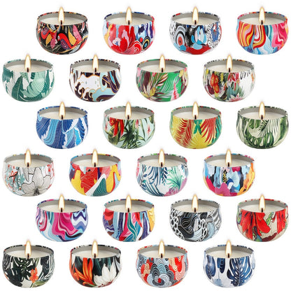 24-Piece Rain-Scent Candle Set with Lidded 2.5oz Decorative Metal Travel Tins and Fragrance Labels
