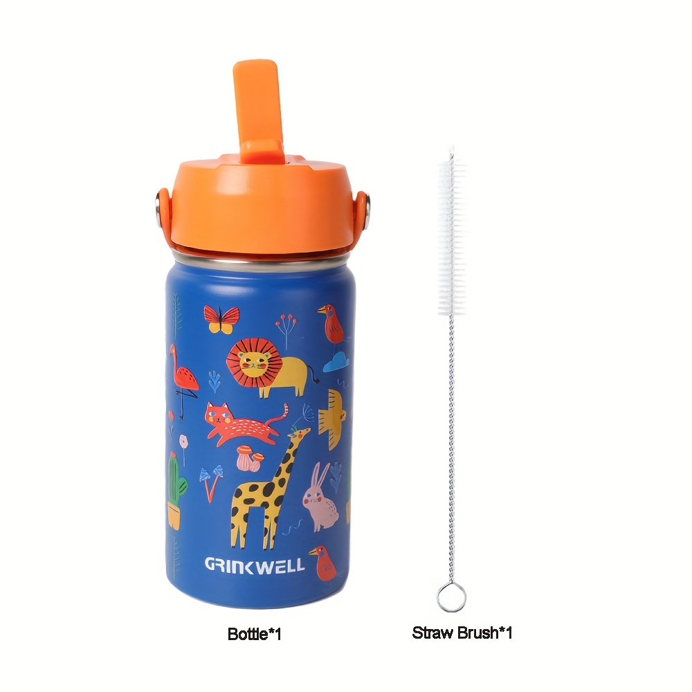 Insulated Stainless Steel Water Cup with Straw | 12oz 340ml, 3D Cartoon Pattern, Double Wall, Handle & Straw Brush – Travel, School & Outdoor