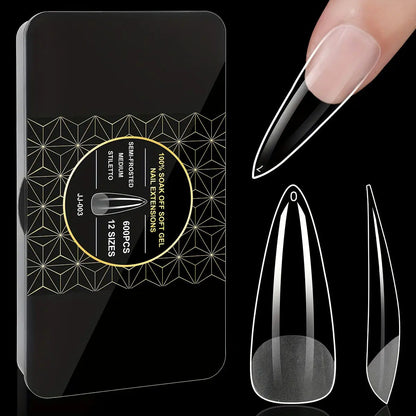 Clear Full-Cover Nail Tips, 600-Piece Set in Nine Almond, Oval, Stiletto, Coffin and Square Length Options
