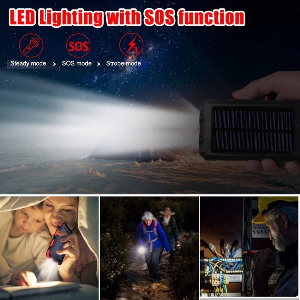Solar Power Bank 20000mAh Outdoor Portable Charger with LED Flashlight SOS Compass & Carabiner Hook – Dual USB Waterproof Battery Pack for Camping Hiking Backpacking Emergency Survival Gear Gift