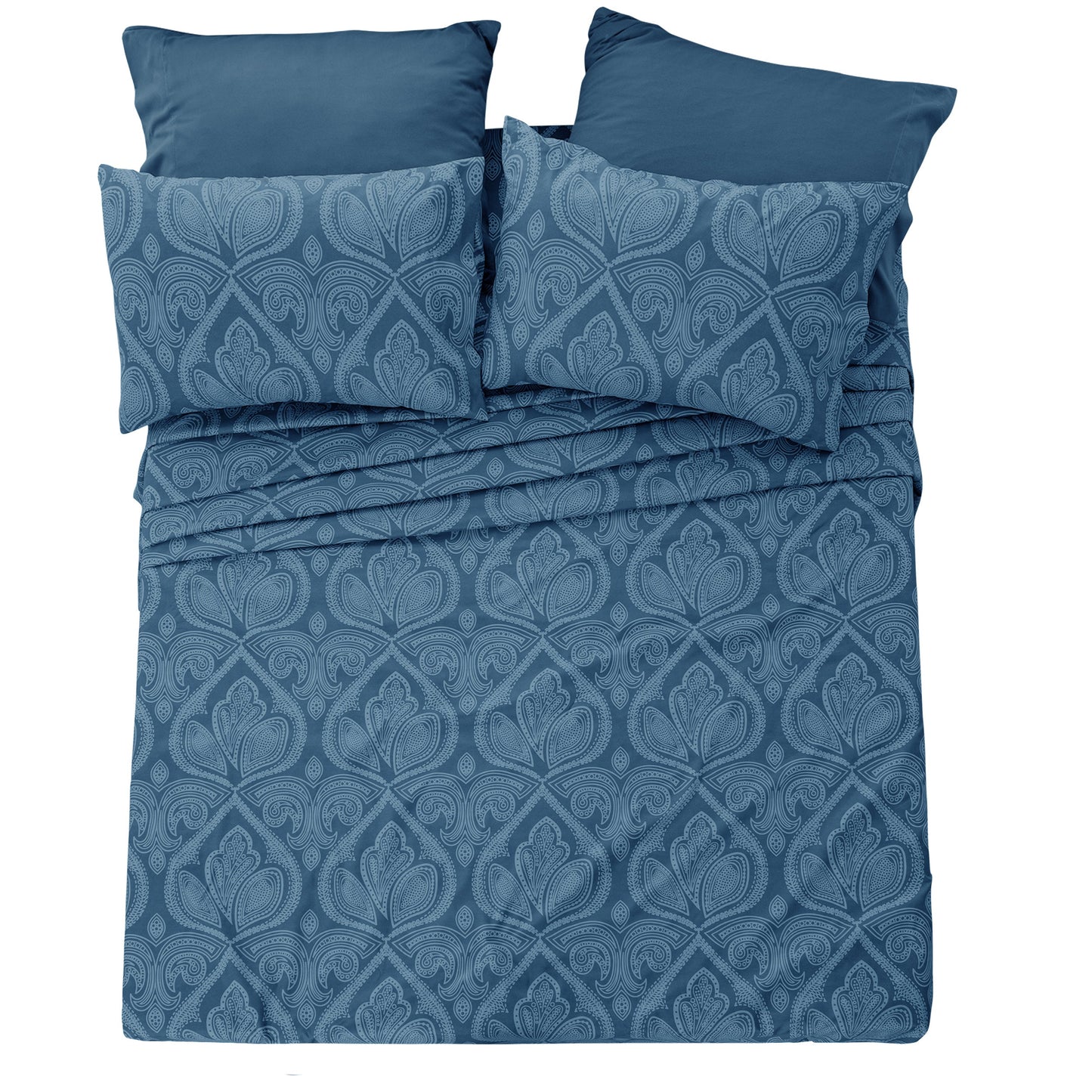 Bed Sheet Set 6-Piece Paisley Brushed Microfiber with 16-Inch Pocket and Six Size Families