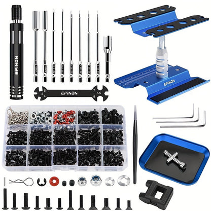 RC Car Maintenance Stand Tool Kit EPINON 360° Rotating Work Stand 520PCS Screw Set Aluminum Screwdriver Bits Compatible with 1/8 1/10 1/12 1/16 1/18 Traxxas Arrma Axial RC Cars Crawlers Trucks Red Blue
