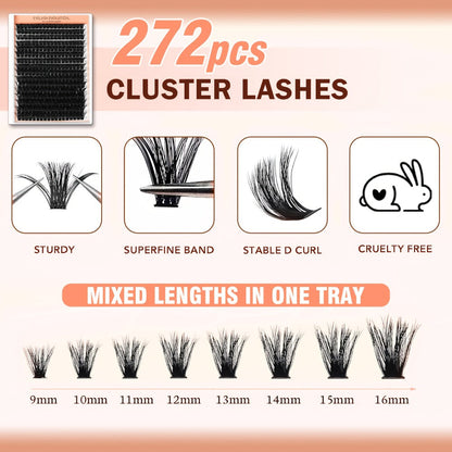 272Pcs D Curl Lash Clusters — 100D Thick Individual Eyelash Extensions 8-16mm, Soft Reusable DIY Cluster Lashes with Plant-Based Squalane, Voluminous Full-Body Lash Extension Kit for Beginners & Home Use