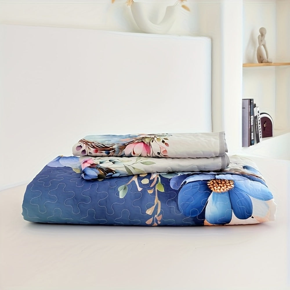 Watercolor Floral Quilt Set with Botanical Heart Print in Polychrome Twin, Full/Queen or King Sizes