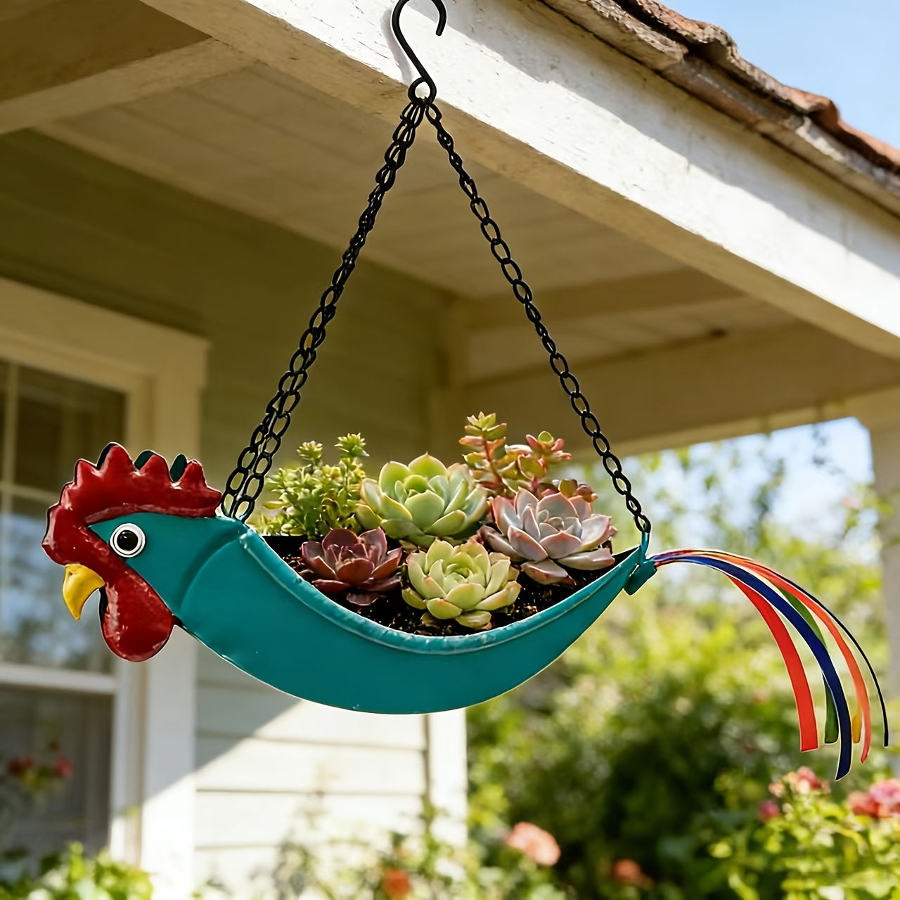 Rooster Hanging Planter – Wrought Iron Flower Pot with Chain for Succulents, Courtyard, Balcony & Eaves – Unique Gardening Gift