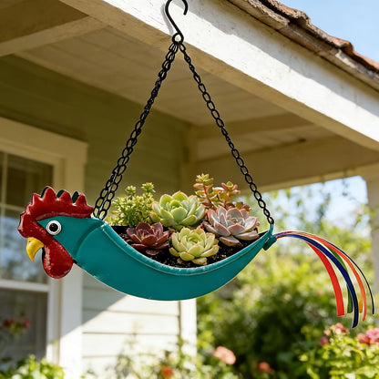 Rooster Hanging Planter – Wrought Iron Flower Pot with Chain for Succulents, Courtyard, Balcony & Eaves – Unique Gardening Gift