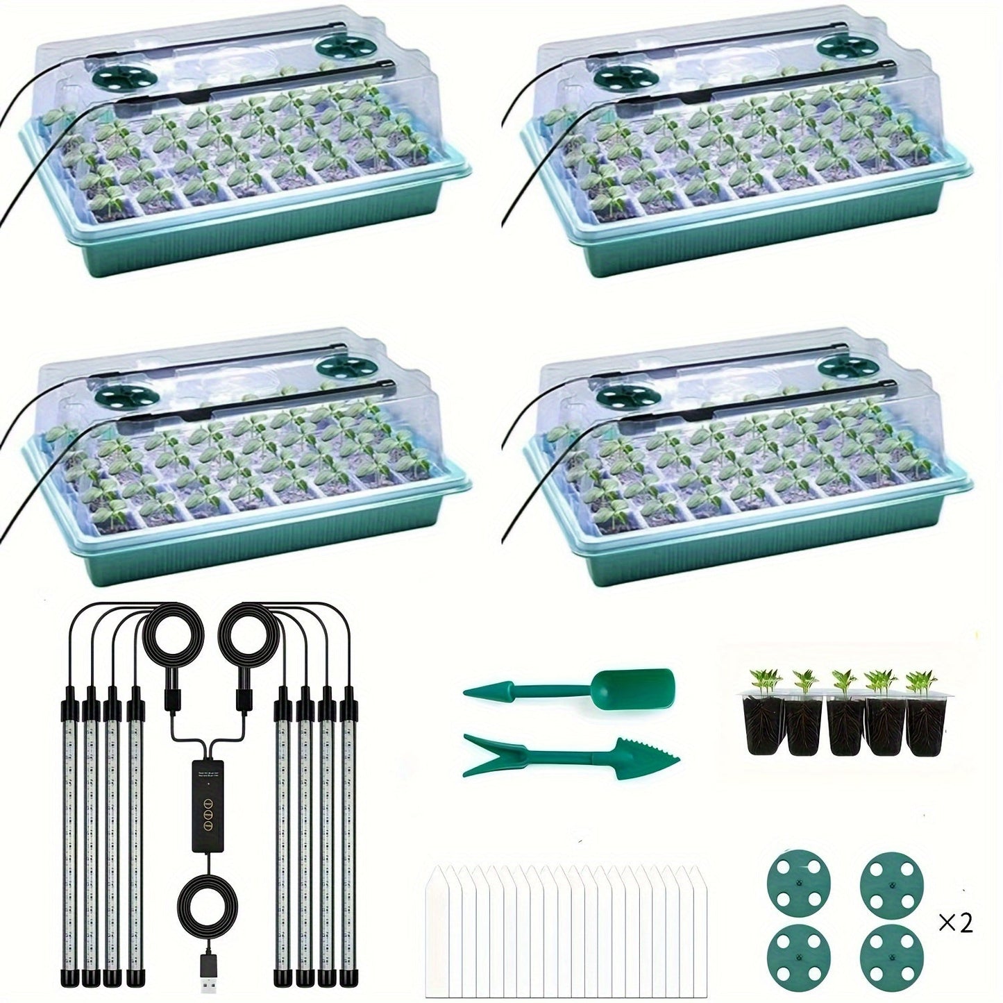 Seedling Starter Tray with Grow Light 4pcs 160-Cell | Adjustable Brightness & Timer | Humidity Dome | Seed Germination Kit for Indoor Vegetables Flowers