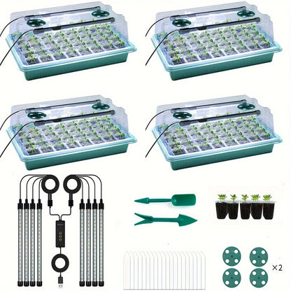 Seedling Starter Tray with Grow Light 4pcs 160-Cell | Adjustable Brightness & Timer | Humidity Dome | Seed Germination Kit for Indoor Vegetables Flowers