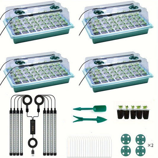 Seedling Starter Tray with Grow Light 4pcs 160-Cell | Adjustable Brightness & Timer | Humidity Dome | Seed Germination Kit for Indoor Vegetables Flowers