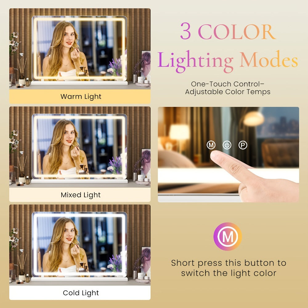 Rectangular LED Vanity Mirror with Three Light Colors and Three Size Checkouts from 13 x 17 to 32 x 22 Inches