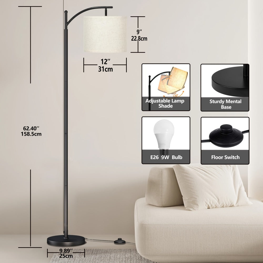 Black Arched Floor Lamp with Beige Drum Shade, Downward-Facing Light and Included 9W Three-Mode LED Bulb