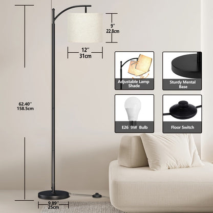 Black Arched Floor Lamp with Beige Drum Shade, Downward-Facing Light and Included 9W Three-Mode LED Bulb