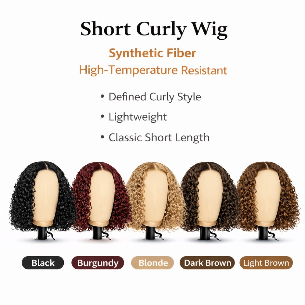 Synthetic Wig 14-Inch Deep-Wave Curly Bob with Glueless Rose Net Cap in Four Colors for Daily Style