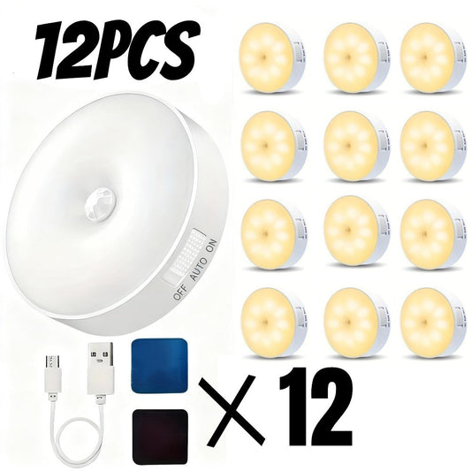 Night Light Motion Sensor 8-LED Puck Set with USB Rechargeable Power, Warm or White Light in 6- and 12-Piece Packs