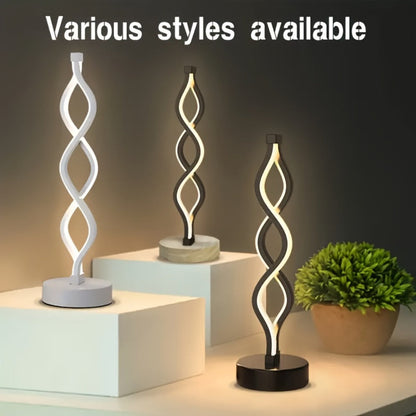 Table Lamp with Spiral LED Wave, Three Color Temperatures, USB Power and One, Two or Wood-Base Options