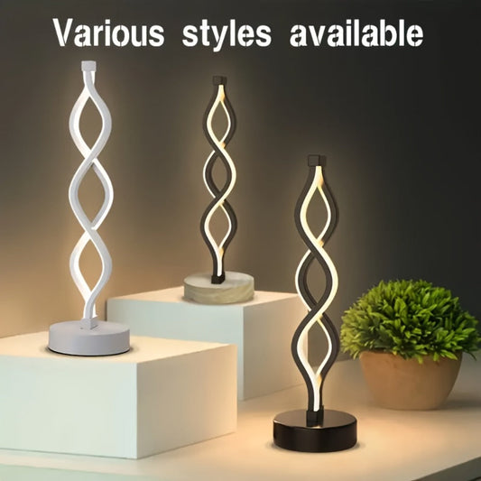 Table Lamp with Spiral LED Wave, Three Color Temperatures, USB Power and One, Two or Wood-Base Options