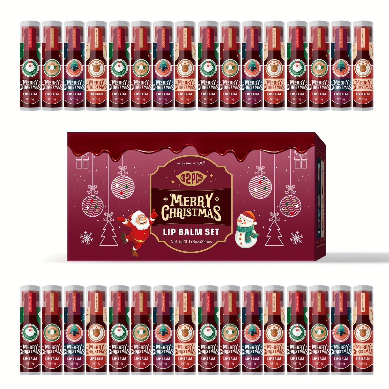 MISS FACTOR 32-Piece Lip Balm Set with Individually Capped Tubes in Red Christmas Gift Box