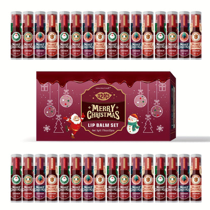 MISS FACTOR 32-Piece Lip Balm Set with Individually Capped Tubes in Red Christmas Gift Box