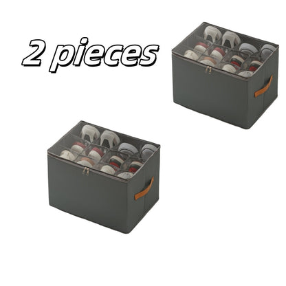 Oxford Fabric Shoe Storage Organizers with Adjustable Dividers and Clear Lids in Two- or Four-Piece Packs