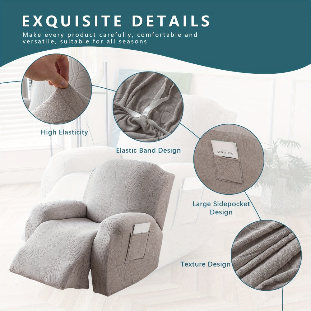 Four-Piece Recliner Chair Cover Set with Leaf Jacquard Pattern, Side Pocket and Six Color Options