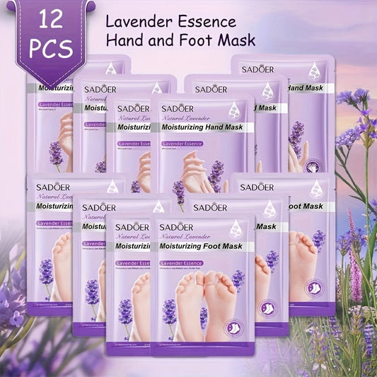 Hand and Foot Mask Set 12pcs Lavender Moisturizing — Deep Hydrating Gloves & Socks for Dry Cracked Skin, Non-Greasy Moisture Essence Treatment, Perfect Spa Gift for Women & Mom