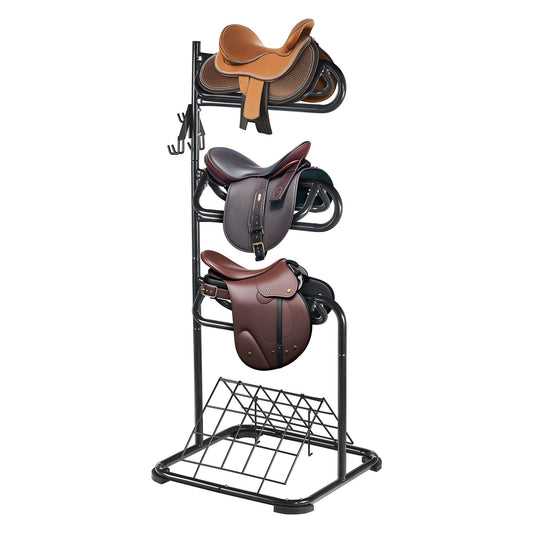 Saddle Rack Freestanding 3-Tier – VEVOR Rotating Heavy-Duty Carbon Steel Saddle Stand for English & Western Saddles | Multi-Layer Tack Storage, Rust-Resistant, Easy Assembly, Black