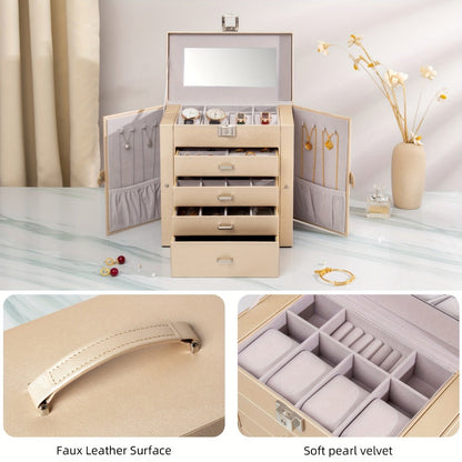 Large Jewelry Box 5-Tier PU Leather Organizer with Lock & Mirror – Storage Case for Bracelets, Earrings, Rings & Necklaces