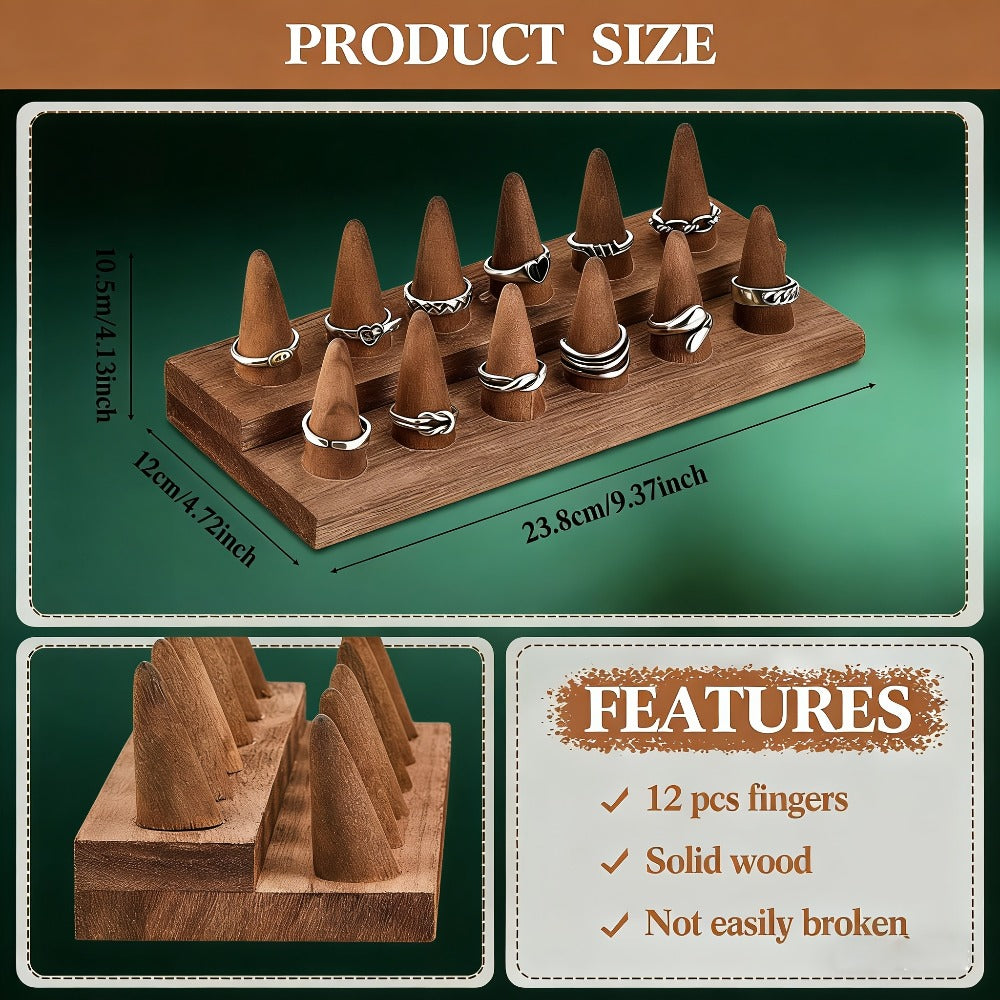 Jewelry Organizer Solid Wood Ring Display Stand in 2-Tier 12-Ring or 3-Tier 18-Ring Options