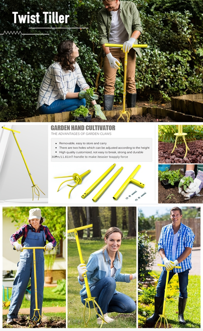 Manual Twist Tiller with Four Curved Soil Claws, Three-Section T-Handle and Yellow or Orange Options