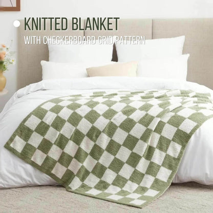 Jacquard Knit Checkered Blanket – Soft Cozy Fluffy Plaid Throw for Couch, Bed & Sofa, All Seasons, 4 Colors, Throw to King Size