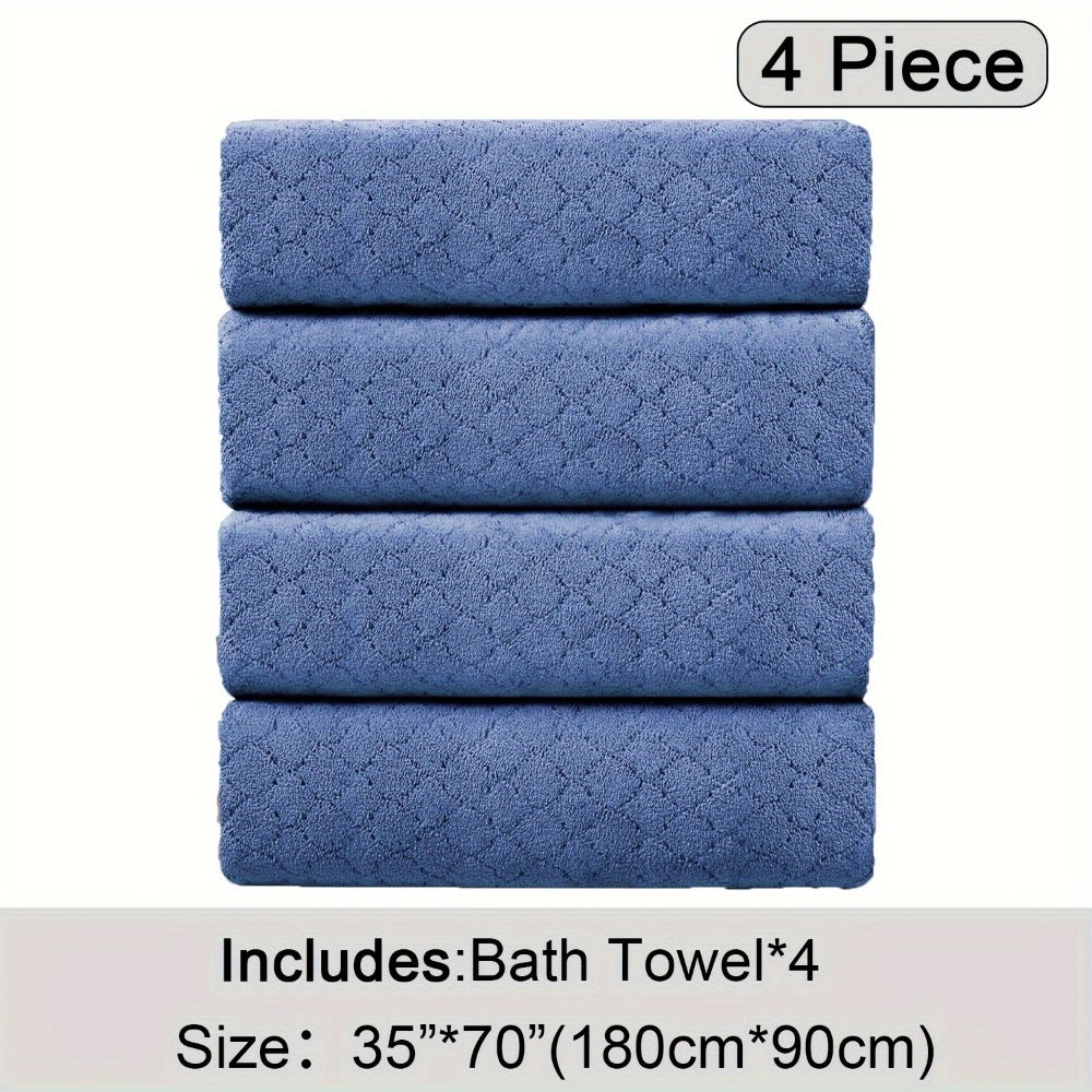 Oversized Bath Towel Set 4 Piece Diamond Pattern Microfiber - Ultra Soft Highly Absorbent Quick Dry | 10 Colors | Blue Green Black Gray Navy Orchid Brown Purple White Turquoise | Bathroom Hotel Gym Gift