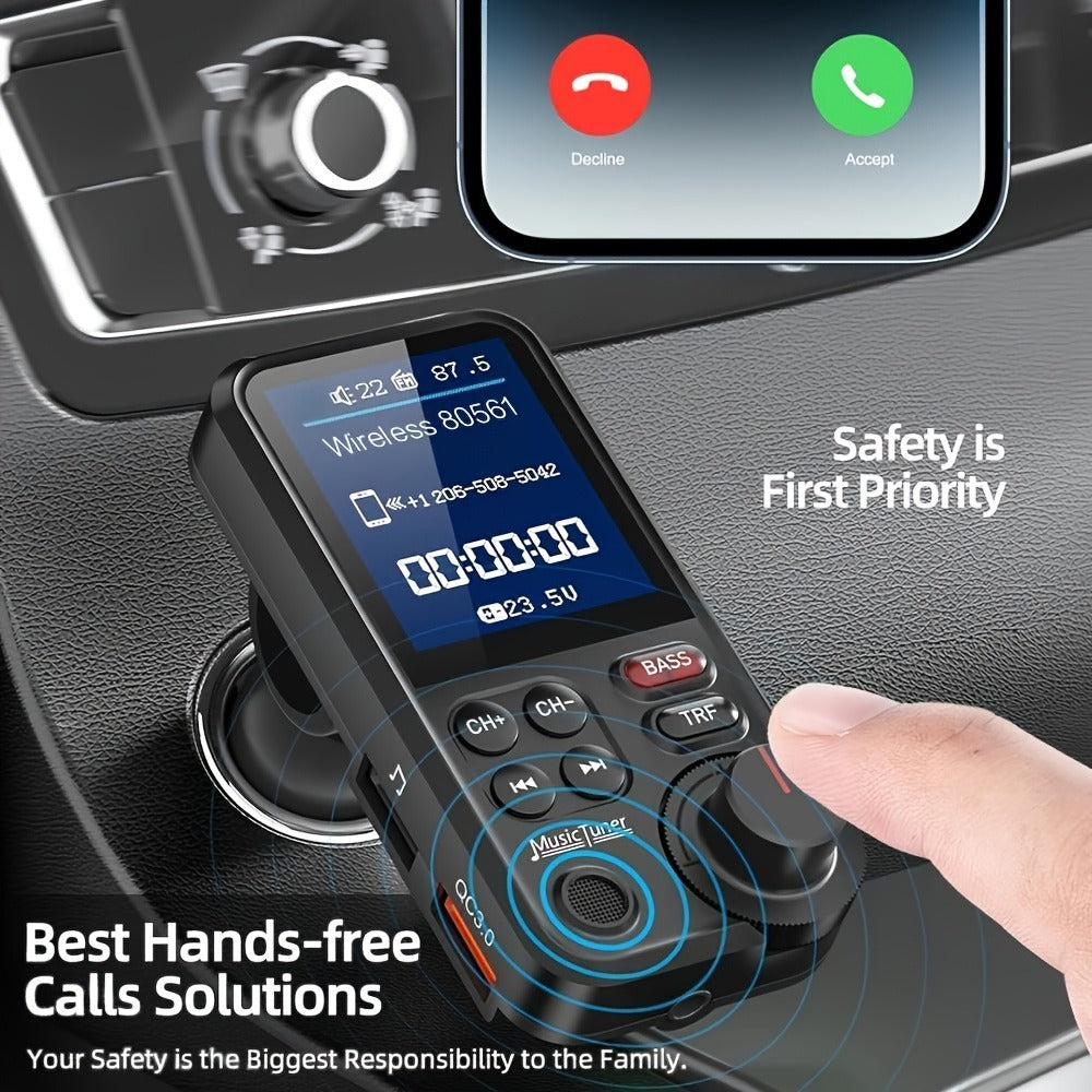 Car FM Bluetooth Transmitter with 1.8" Color Screen – 18W Fast Car Charger, Hands-Free Calls, Music Streaming, FM Modulator, Powerful Microphone, Compatible with Smartphones & Tablets
