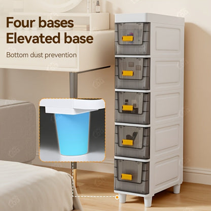 Storage Cabinet Slim PP Drawer Tower with Wheels, Pull-Out Bins and Three, Four or Five Layers