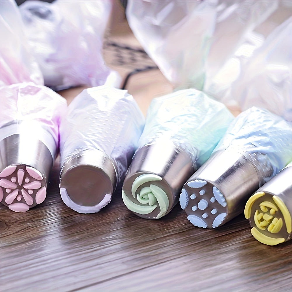 Russian Piping Nozzle Set 121pcs, 12 Flower Icing Tips, 2 Leaf Piping Tips, 2 Couplers and 100 Piping Bags