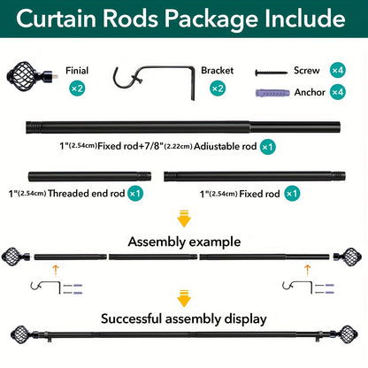Black Adjustable Curtain Rod with Lattice Finials and Four Length Ranges from 18–32 to 34–152 Inches