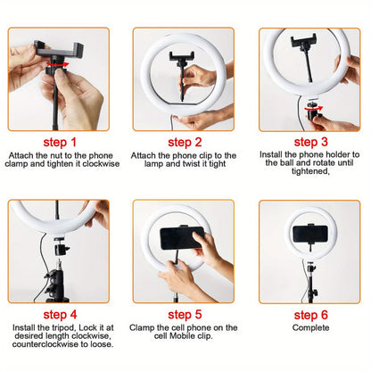 10- or 12-Inch USB Ring Light with Retractable Floor Tripod, Center Phone Holder and Lighting Options