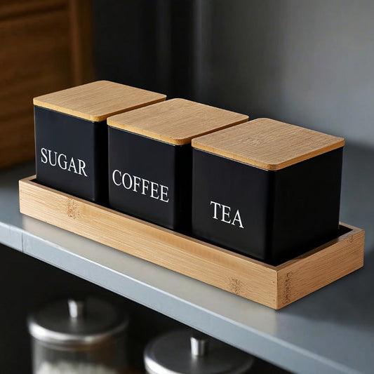 Black & White Ceramic Storage Jars Set of 3 – Airtight Kitchen Canisters for Coffee Beans, Tea, Sugar & Spices