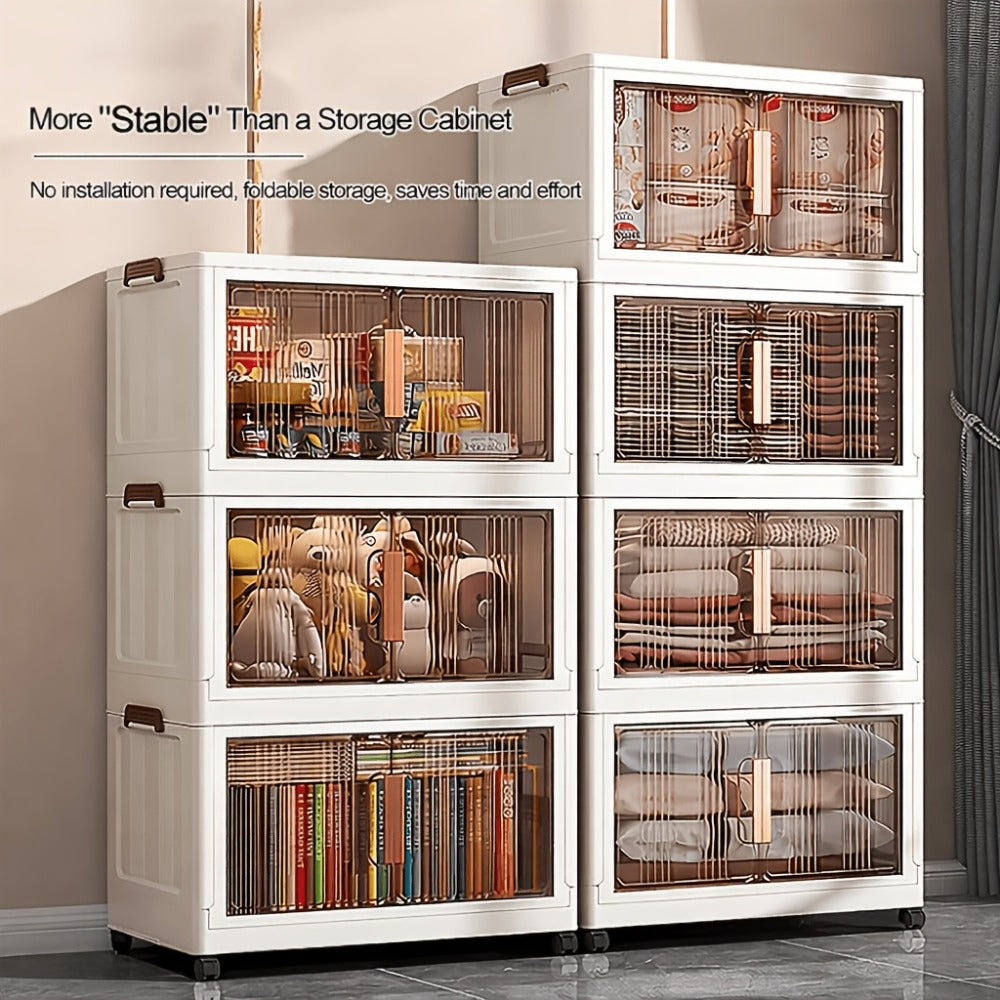 Storage Cabinet Folding Plastic Organizer with Magnetic Doors, Lockable Wheels and Three to Five Tiers