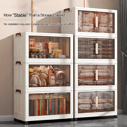 Storage Cabinet Folding Plastic Organizer with Magnetic Doors, Lockable Wheels and Three to Five Tiers