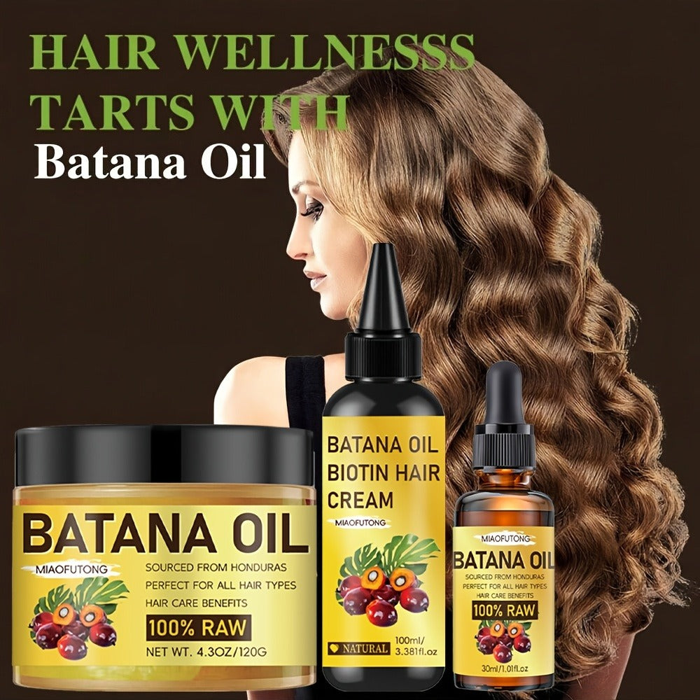 Batana Oil Hair Care Kit 3pcs — Pure Cold-Pressed Honduran Battana Hair Cream, Hair Oil & Essential Oil, Repairs Damage & Adds Shine, Nourishes Scalp, All Hair Types
