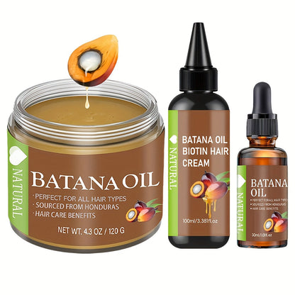Honduran Batana Oil & Biotin 3-Piece Hair Care Set — Cold-Pressed Pure Extract, Nourishes Scalp, Strengthens Strands, Prevents Breakage & Split Ends, Adds Shine, All Hair Types, Unisex