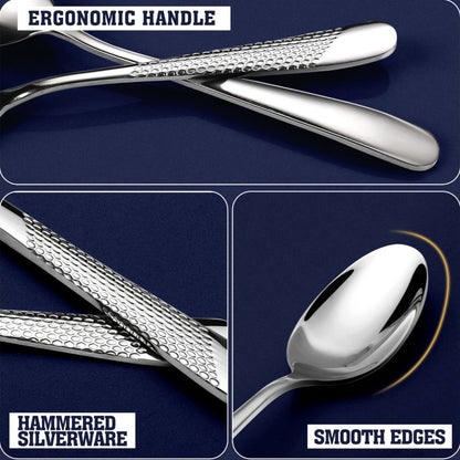 Stainless Steel Flatware Set 40/48 Piece – 304 Silverware Set for 8 Hammered Mirror Polished Rose Gold Cutlery with 2-in-1 Serrated Knife Dishwasher Safe Modern Utensils for Home Restaurant Wedding