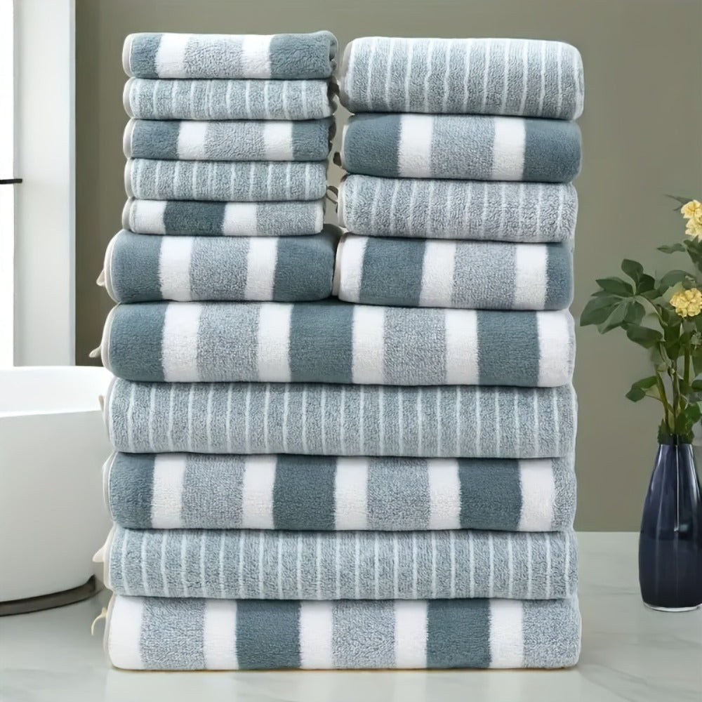 Coral Fleece Towel Set 9 or 15 Piece No Hair Loss 320GSM - Super Soft Absorbent Two-Color Striped | 2 Bath 2 Face 5 Hand Towels | Gray Brown Red Green Blue Mixed | Bathroom Beach Essentials