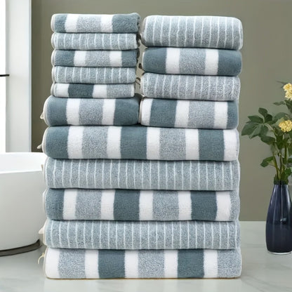 Coral Fleece Towel Set 9 or 15 Piece No Hair Loss 320GSM - Super Soft Absorbent Two-Color Striped | 2 Bath 2 Face 5 Hand Towels | Gray Brown Red Green Blue Mixed | Bathroom Beach Essentials