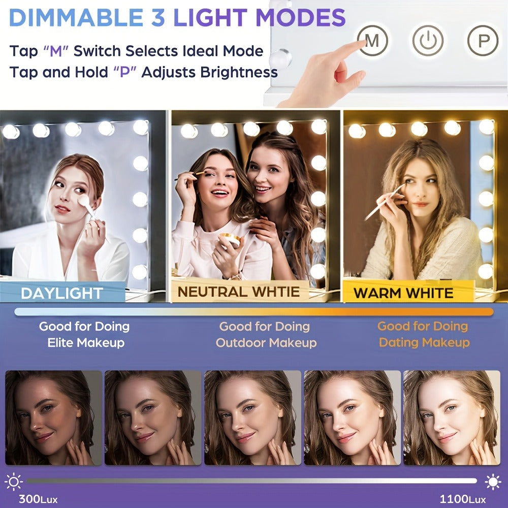 Lighted Vanity Mirror with 15 LED Bulbs - Hollywood Makeup Mirror 23x19 Inch, 3 Color Dimmable Lighting, Wall Mounted or Tabletop, USB Port, Brightness Memory, White, Large Professional Beauty Mirror