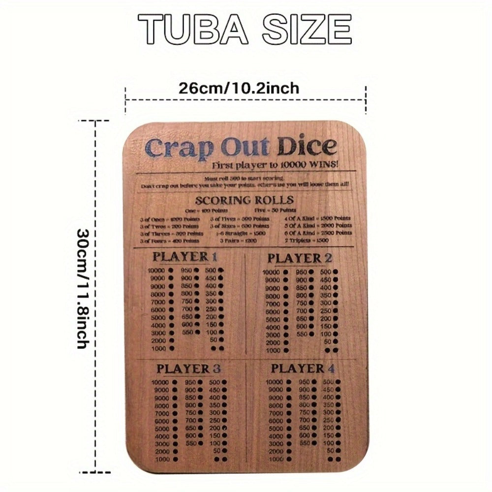 Two-Piece Wooden Dice Scoreboard Set with Six Dice, Twelve Pegs and Printed Four-Player Rules