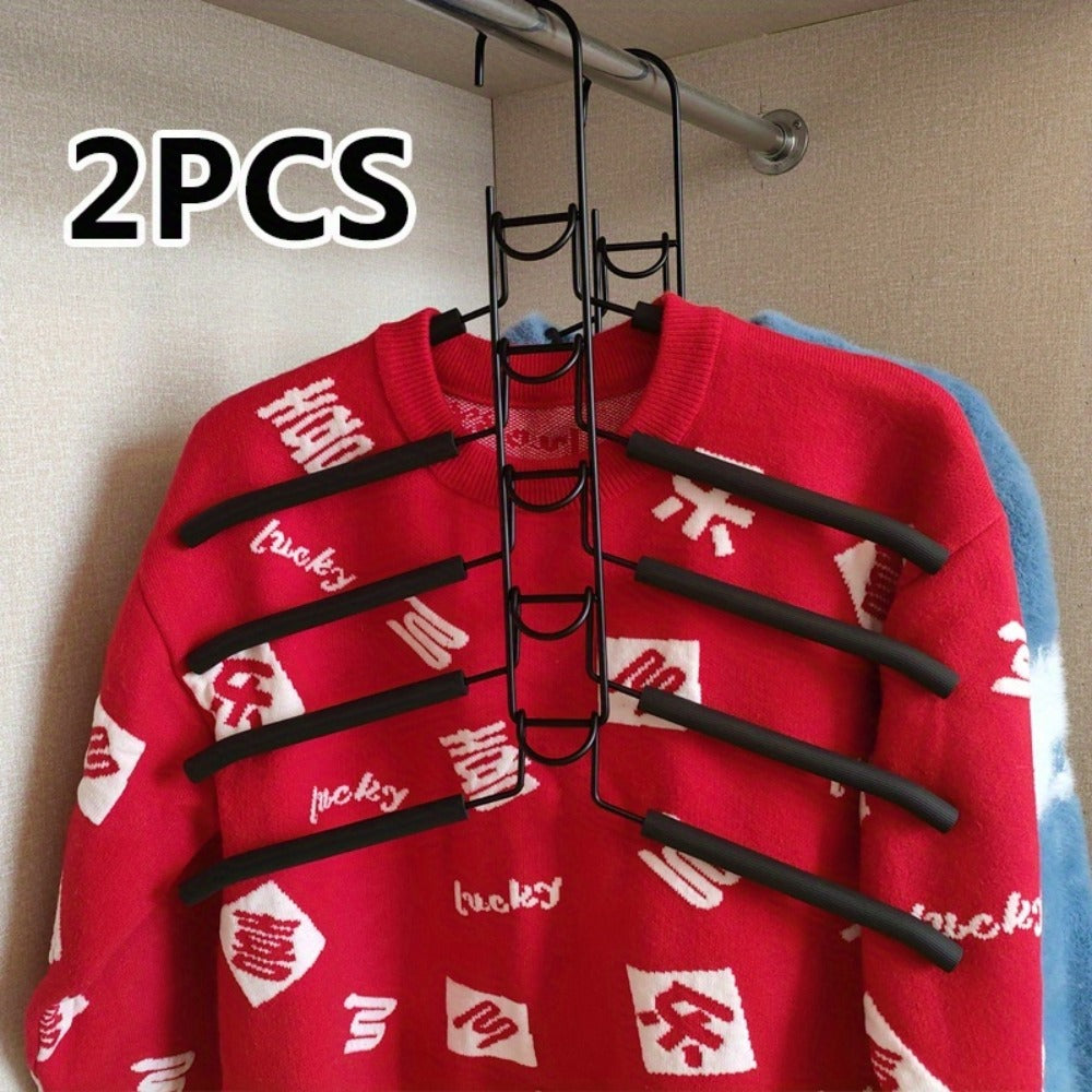 Five-Tier Cascading Clothes Hanger Organizers with Padded Arms in a Two-Piece Black Set for Closets
