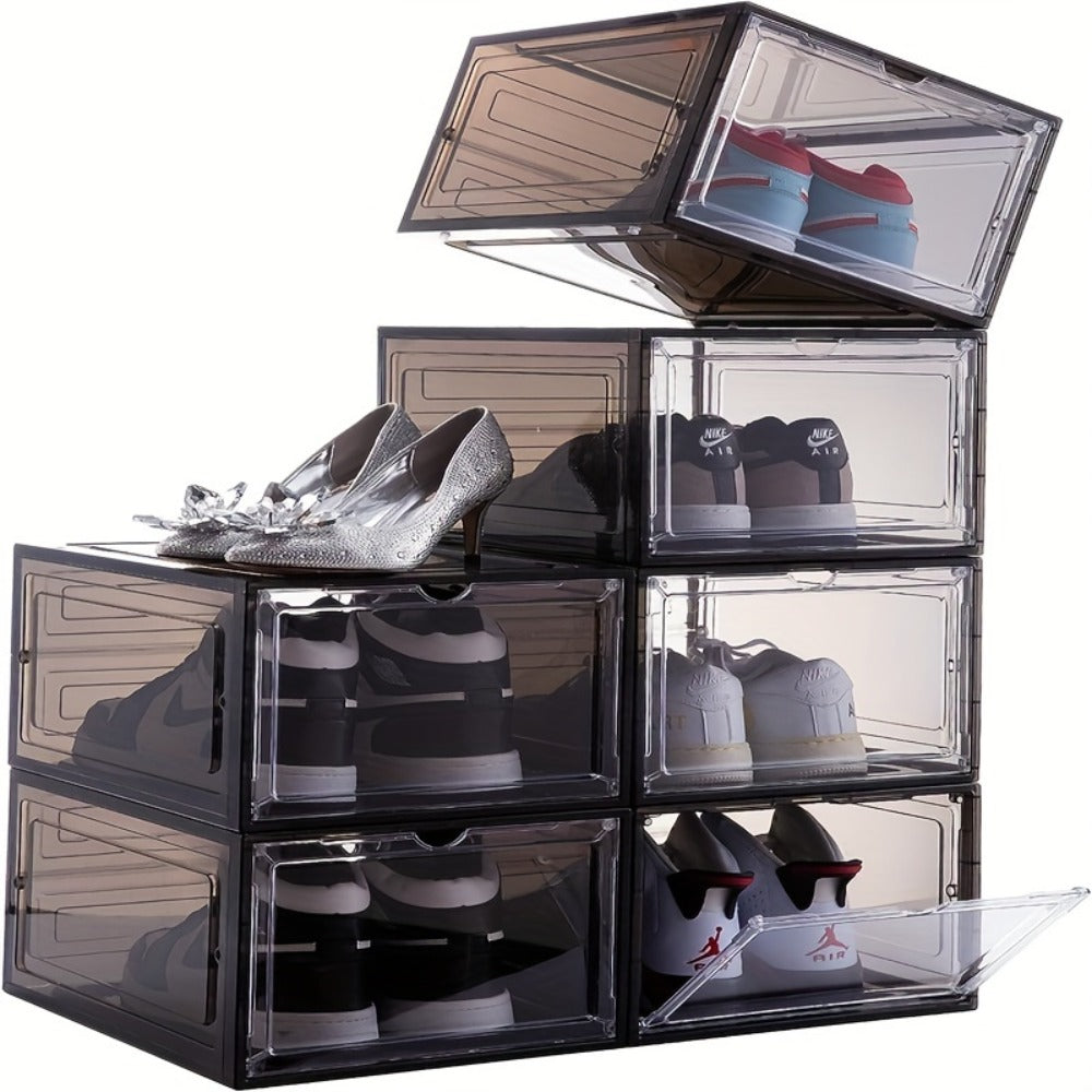 Six-Pack Clear Stackable Shoe Display Boxes with Magnetic Front Doors in Black or White for Closets