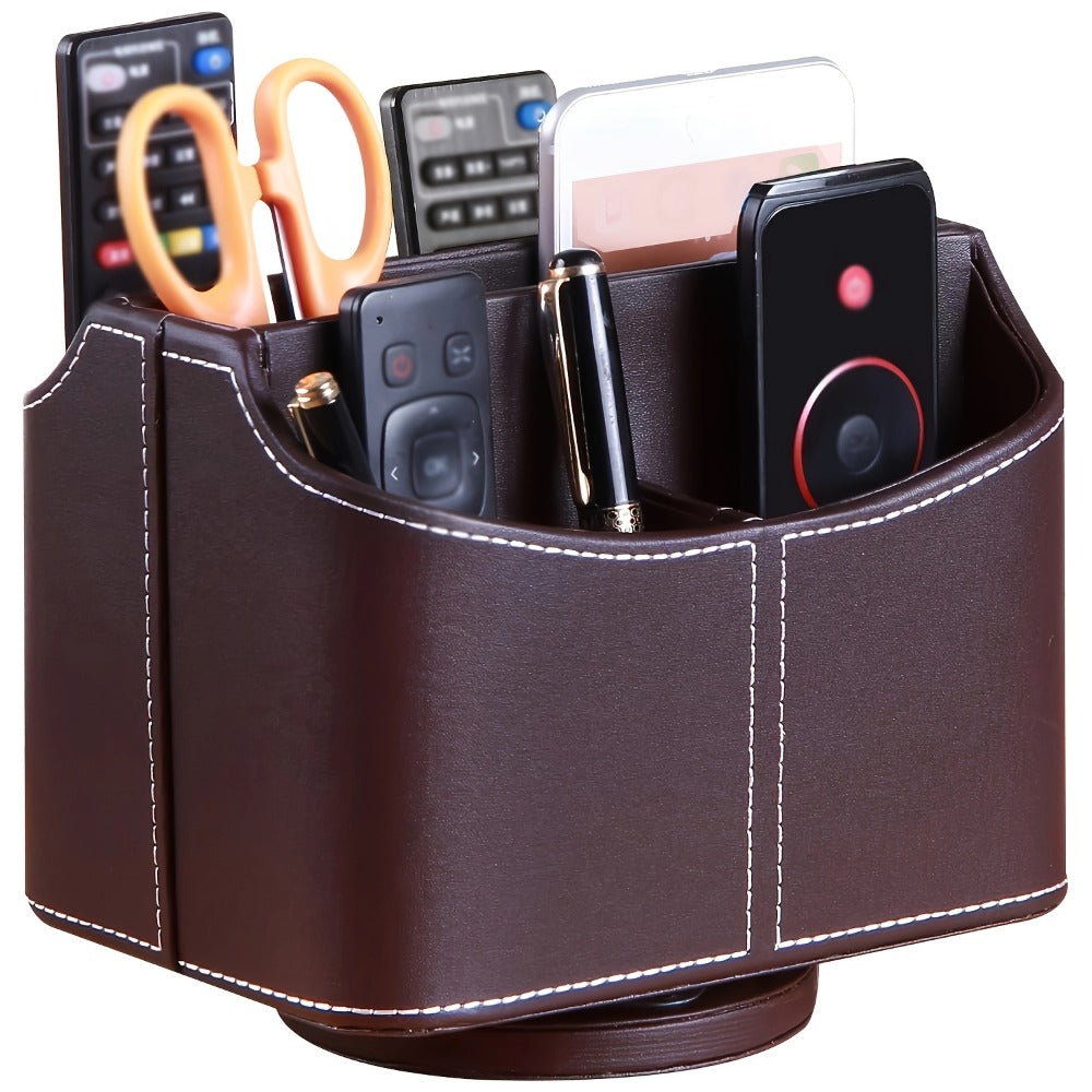 360° Swivel Remote Control Holder with 5 Compartments – PU Leather Desktop Organizer Caddy for TV Remotes, Phones, Glasses, Cosmetics & Stationery, Rotating Storage Box for Home Office Nightstand